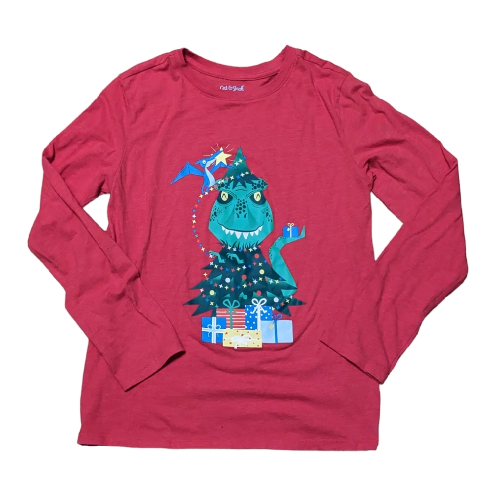💥 Cat & Jack Red Dino Christmas Long Sleeve Boy's L (12/14)